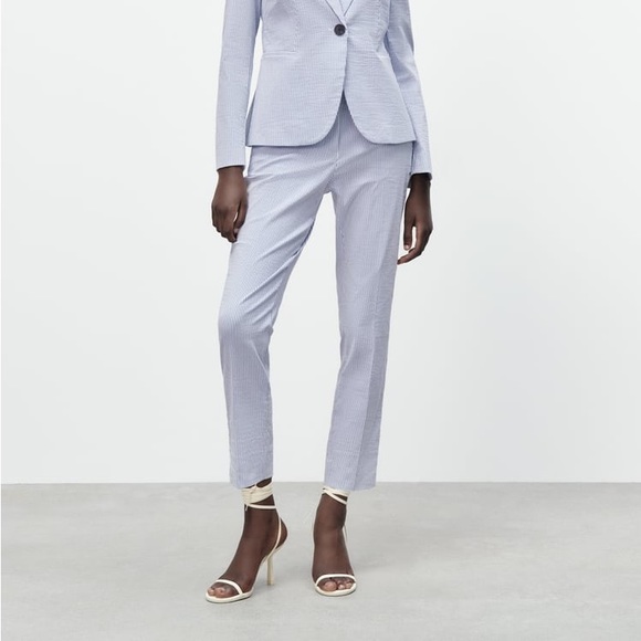 Zara blue white pinstripe cotton blend ankle pants size 10 - Picture 1 of 8
